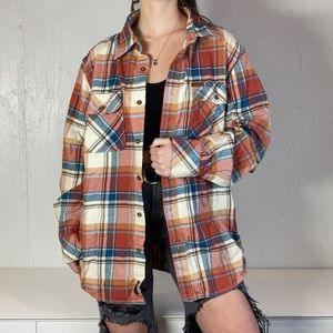 Orange + Blue + White Plaid Flannel Button Down Long Sleeve Shirt